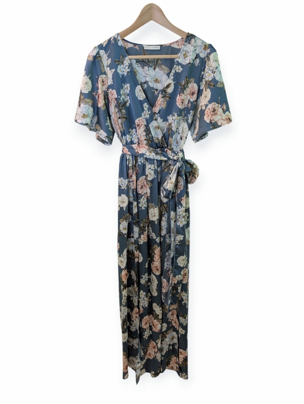 Baltic Born Sicily Blue Floral Satin Wrap Maxi Dress